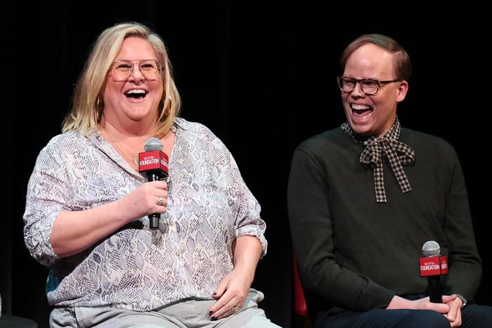 Bridget Everett and Jeff Hiller speak onstage during SAG-AFTRA Foundation Conversations - "Somebody Somewhere" at SAG-AFTRA Foundation Robin Williams Center on December 20, 2023 in New York City.