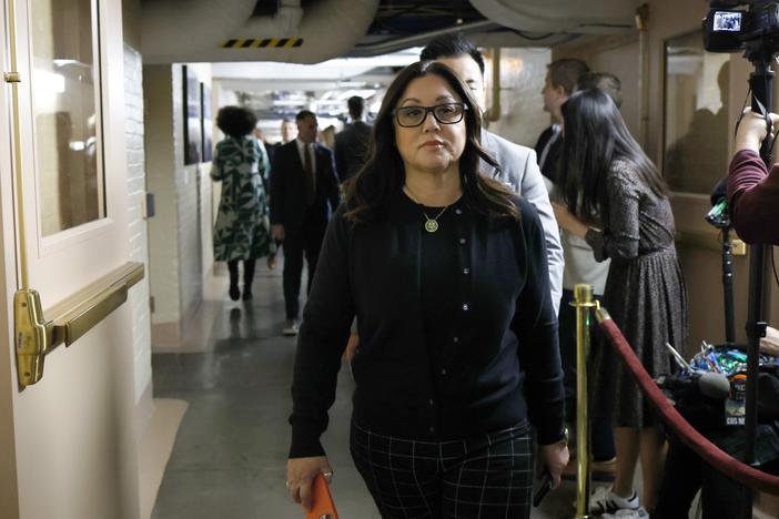 Rep. Lori Chavez-Deremer (R-OR) arrives to a meeting with House Republicans at the U.S. Capitol Building on October 19, 2023 in Washington, D.C.