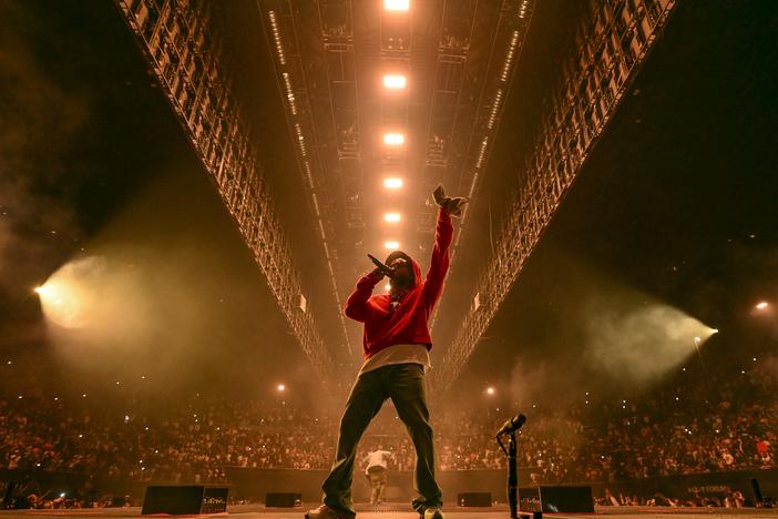 Kendrick Lamar, seen here performing at the Forum in Inglewood, Calif., on June 19, dropped his sixth album, <em>GNX</em>, on Friday, Nov. 22, without any advance warning.