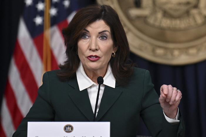 New York Governor Kathy Hochul speaks during a press conference regarding congestion pricing in New York City on November 14, 2024.