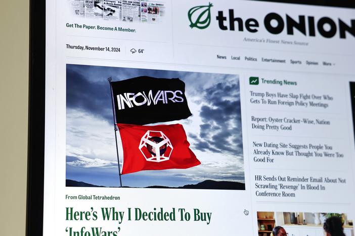 The Onion's home page on Nov. 14 featured a satirical story titled, "Here's Why I Decided To Buy 'InfoWars' " following the bankruptcy auction as part of Alex Jones' defamation settlement over the massacre at Sandy Hook Elementary School.