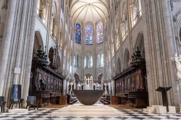 This photograph shows a new altar (front) designed by French artist and designer Guillaume Bardet, at the Notre-Dame de Paris cathedral, in Paris on Nov. 29, 2024.