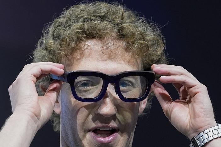 Mark Zuckerberg wears a pair of Orion AR glasses during the Meta Connect conference on Sept. 25, 2024, in Menlo Park, Calif.