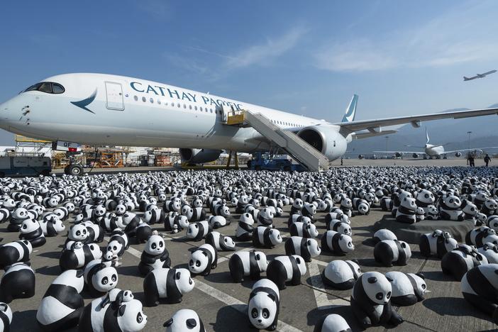 Part of 2500 panda sculptures are displayed at the Hong Kong International Airport during a welcome ceremony of the panda-themed exhibition "Panda Go!" in Hong Kong, on Monday.