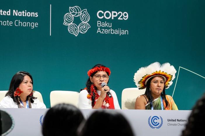 Indigenous women of Amazonia speak to the media at a press conference during United Nations Climate Change Conference COP29.