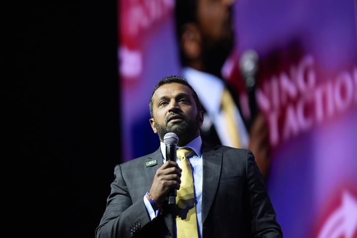 Kash Patel speaks before Republican presidential nominee former President Donald Trump during a campaign rally at Thomas & Mack Center, Thursday, Oct. 24, 2024, in Las Vegas.