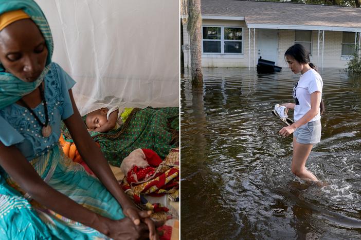 Left: Halima Ali Adam, A chadian woman lives near Farchana, sits with her baby, Iqbal Abubakr Yaqub, who is 15 months old, at the malnutrition clinic. They've been there for 13 days and seen little improvement in the baby's condition. Right: A person walks through a flooded road after Hurricane Helene hit the area as it passed offshore on September 27, 2024 in Crystal River, Florida. Hurricane Helene made landfall Thursday night in Florida's Big Bend with winds up to 140 mph and storm surges.