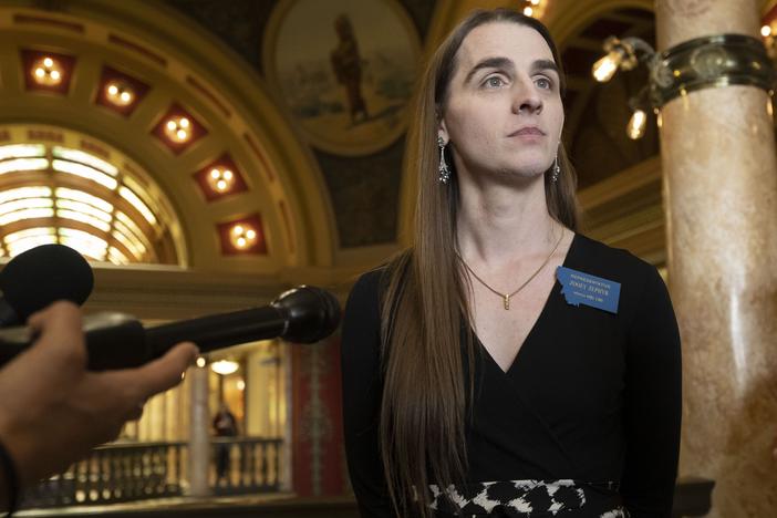 Openly transgender Rep. Zooey Zephyr, pictured at the Montana State Capitol in Helena, Mont., in 2023, was reelected last month. This week, her colleagues debated a rule that would have blocked her from the women's restroom at the Capitol.
