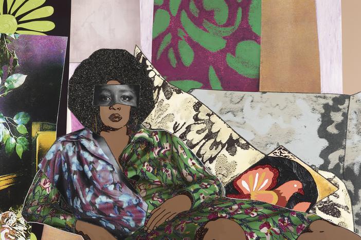Mickalene Thomas' 2015 work "Afro Goddess Looking Forward." <em>Rhinestones, acrylic, and oil on wood panel</em>