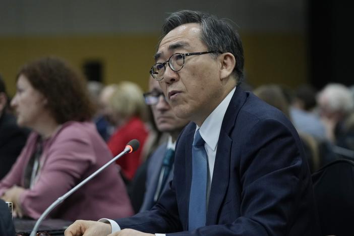 South Korean Foreign Minister Cho Tae-yul speaks during a plenary of the fifth session of the Intergovernmental Negotiating Committee on Plastic Pollution in Busan, South Korea, Sunday, Dec. 1, 2024.