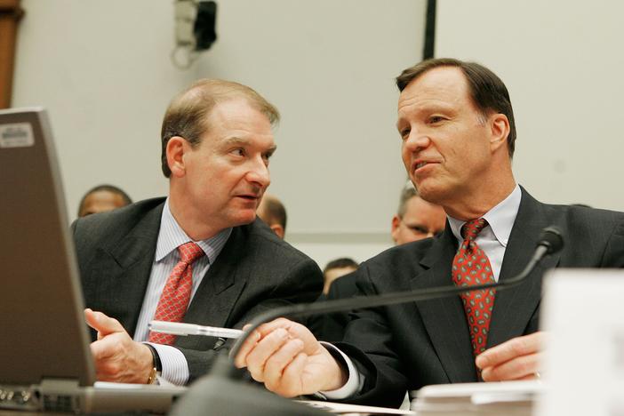 Paul Atkins, left, talks to then SEC Chair Christopher Cox during a House Financial Services Committee hearing on Capitol Hill in Washington, D.C., on June 26, 2007. Atkins was then an SEC commissioner, and he has now been picked by President-elect Trump as the next head of the agency.