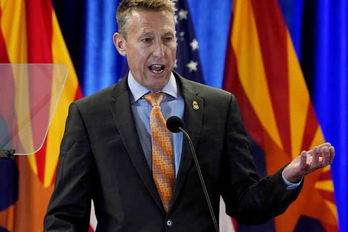 Rodney Scott, former chief of the U.S. Border Patrol, speaks following a border tour with former Vice President Mike Pence, Monday, June 13, 2022, in Phoenix. (AP Photo/Matt York)