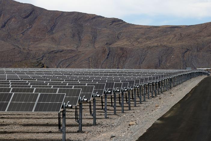 Panels in MGM Resorts' Mega Solar Array are shown after it was launched on June 28, 2021 in Dry Lake Valley, Nevada. The project sits on 640 acres of desert about 30 miles north of the Las Vegas Strip in the Dry Lake Solar Energy Zone.  (Photo by Ethan Miller/Getty Images)