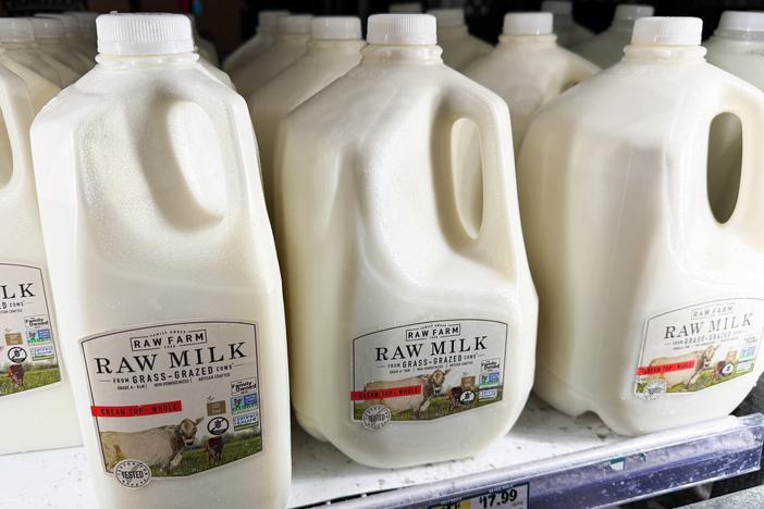 Raw milk from Raw Farm is displayed for sale at a grocery store in Torrance, Calif., on Nov. 29.