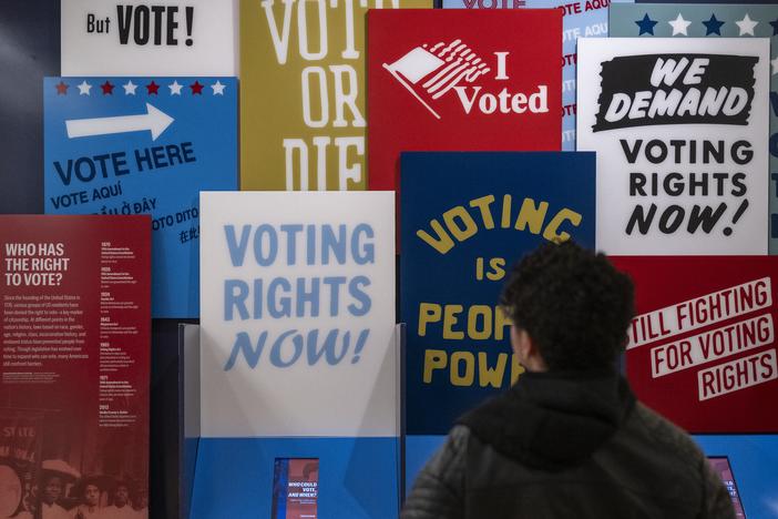 A visitor looks at an exhibition on voting rights in the U.S. at the International African American Museum in Charleston, S.C., in January.