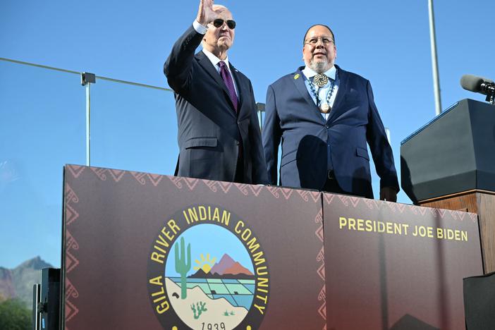 President Biden with Gila River Indian Community Gov. Stephen Roe Lewis on Oct. 25, 2024, when Biden formally apologized for the Indian boarding schools system.