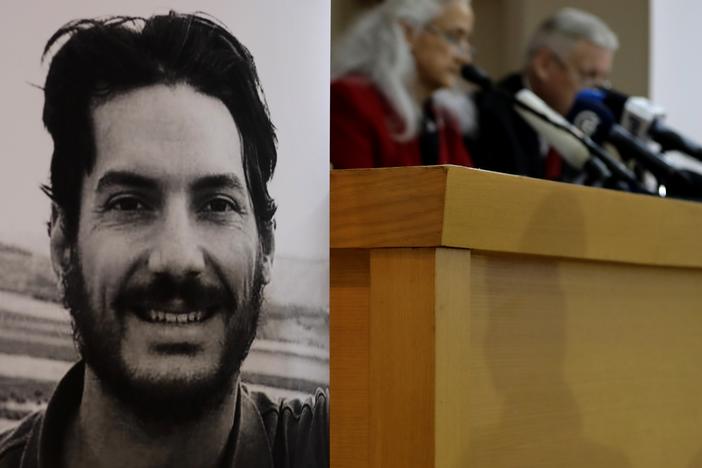 Marc and Debra Tice, the parents of American journalist Austin Tice (portrait, left), who was abducted in Syria more than 12 years ago, give a news conference in Beirut in 2018.