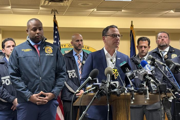Pennsylvania Gov. Josh Shapiro speaks during a press conference after the arraignment of shooting suspect Luigi Mangione on Monday evening in Hollidaysburg, Pa.