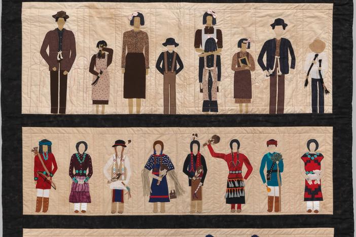 An image of Susan Hudson's quilt, <em>"Tears or our Children, Tears for our Children," </em>as displayed at the National Museum of the American Indian