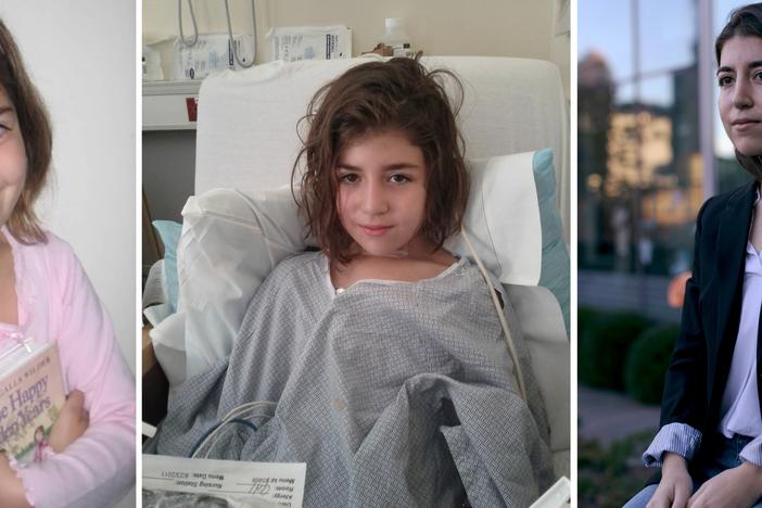 At age 8 in 2009, EJ Beck hugs her favorite book, Laura Ingalls Wilder's <em>These Happy Golden Years</em>. At 10, center, she is pictured in the hospital where she was treated for thyroid cancer. For Beck and her family, the <em>Happy Golden Years </em>image became emblematic of her life, before. At right, EJ Beck today is a 23-year-old medical student.