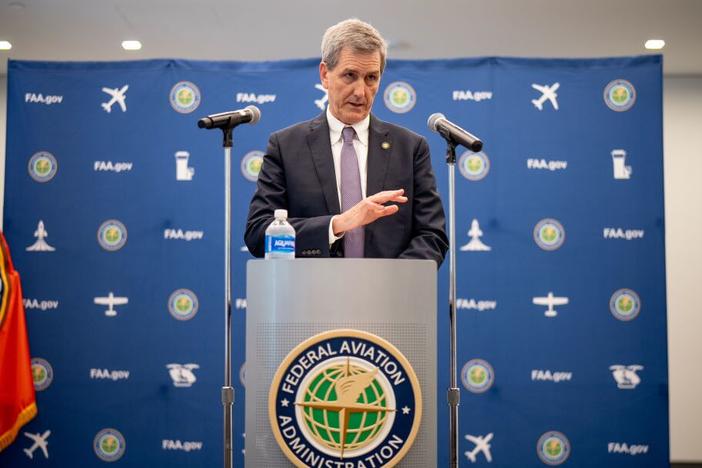 Federal Aviation Administration administrator Mike Whitaker speaks at a news conference at FAA headquarters in May 2024. When Whitaker took over in 2023, the agency had not had a Senate-confirmed leader in more than 18 months.
