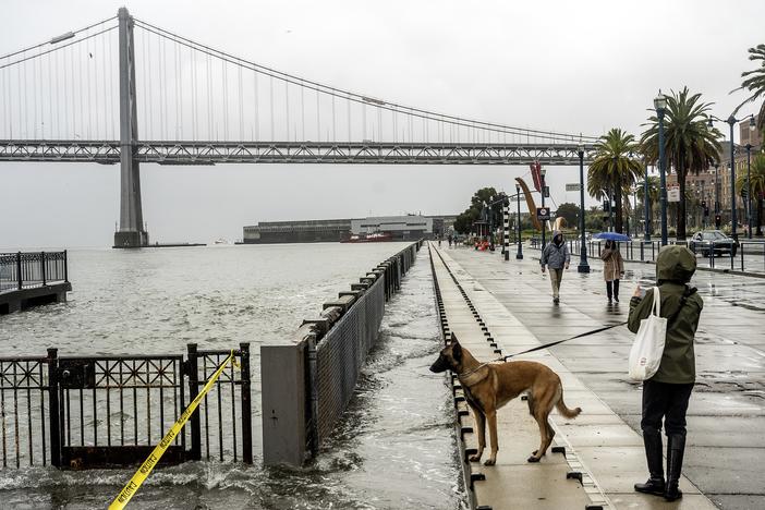 Water from the San Francisco Bay spills onto the Embarcadero in San Francisco on Saturday, Dec. 14, 2024, as a result of high tides and storm-driven waves.