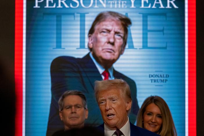 President-elect Donald Trump speaks at the New York Stock Exchange (NYSE) after being named Time's "Person of the Year" for the second time on Thursday in New York.