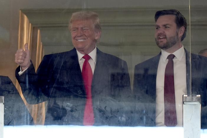 President-elect Donald Trump, left, and Vice President-elect JD Vance attend the NCAA college football game between Army and Navy at Northwest Stadium in Landover, Md., on Saturday.