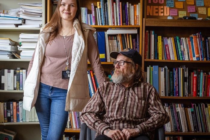 John Greene and his counselor Emily Georgia at Family & Children's Counseling Services in Cortland, N.Y. Greene is four months into recovery for the first time since he started regularly using drugs at age 14. He credits a new program that the counseling center started with opioid settlement money.