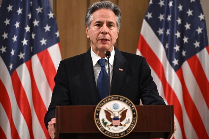 US Secretary of State Antony Blinken delivers a statement to the press after the meeting with the foreign ministers of the Arab Contact Group on Syria in Jordan's southern city of Aqaba on Saturday.