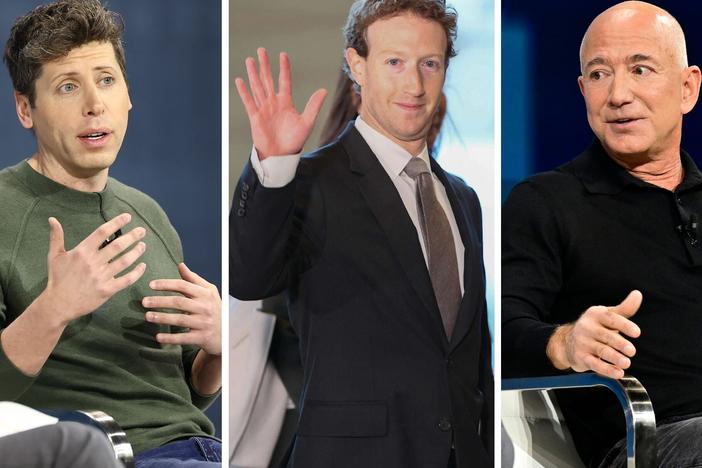 From left to right, OpenAI CEO Sam Altman on Dec. 4 at <em>The</em> <em>New York Times</em> Dealbook Summit; Meta CEO Mark Zuckerberg on Feb. 27 in Tokyo; and Amazon CEO Jeff Bezos on Dec. 4 at <em>The</em> <em>New York Times</em> Dealbook Summit.