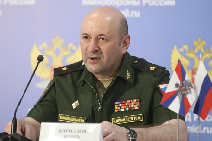 Maj. Gen. Igor Kirillov, the chief of the Russian military's radiation, chemical and biological protection unit, attends a briefing in Kubinka Patriot park, outside Moscow, Russia, on June 22, 2018.