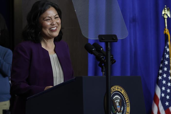 Acting U.S. Secretary of Labor Julie Su introduces President Biden during a ceremony Monday at the Department of Labor. Biden signed a proclamation to establish the Frances Perkins National Monument in Maine.