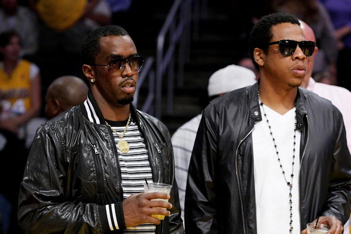 Sean Combs (left) and Jay-Z attend the Los Angeles Lakers vs. Houston Rockets game at Staples Center on May 4, 2009, in Los Angeles.