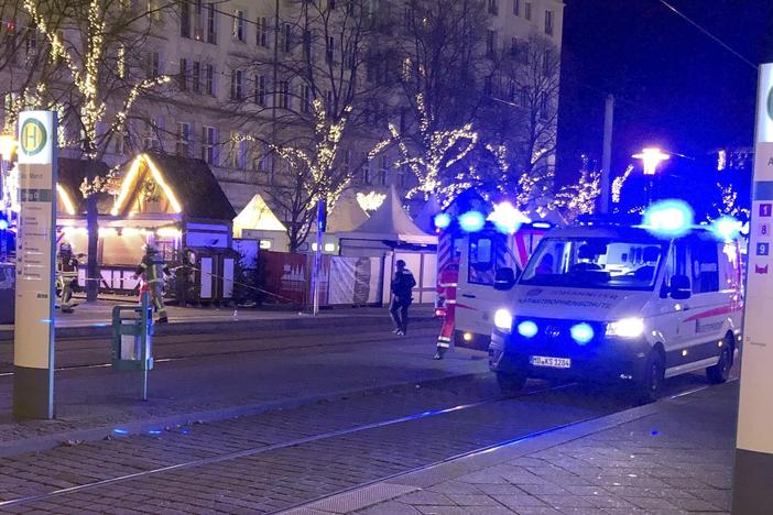 Emergency services attend an incident at the Christmas market in Magdeburg, Germany, on Friday.