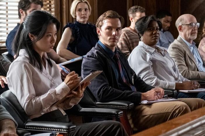 Nicholas Hoult (front row, center) plays Justin Kemp in <em>Juror #2</em>.