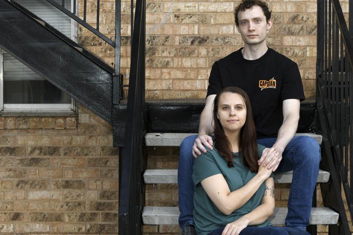 Dakota Heath, 26, and Jordyn Glick, 27, at their apartment building in Lubbock, Texas. Heath takes care of Glick, who has an unpredictable and painful gastrointestinal disorder. Roughly a quarter of family caregivers are young adults.