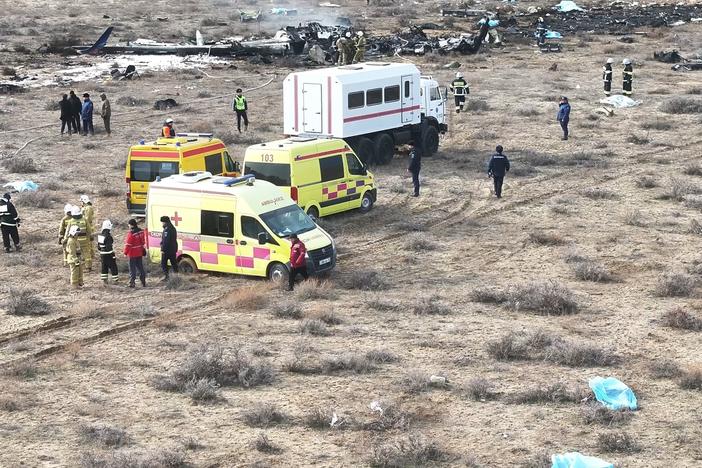 The wreckage of Azerbaijan Airlines Embraer 190 lays on the ground near the airport of Aktau, Kazakhstan, on Wednesday.