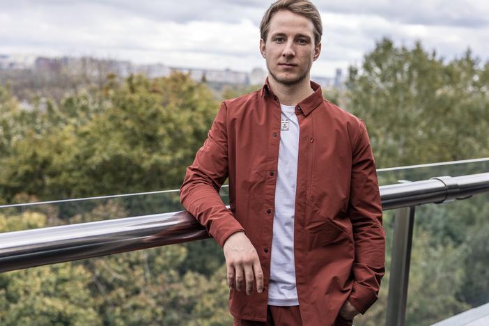 Oleksandr Budko, a 28-year-old Ukrainian war veteran, whose military call sign is Teren, poses for a portrait in Kyiv, Ukraine, on Oct. 18. Budko, a double amputee, participated in the Ukrainian version of the TV show <em>The Bachelor</em>.