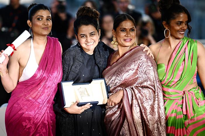 <em>All We Imagine as Light,</em> a film about working class women in Mumbai, won the Grand Prix at the Cannes Film Festival this year. From left: actor Divya Prabha, director Payal Kapadia, and actors Chhaya Kadam and Kani Kusruti pose during the Cannes closing ceremony.