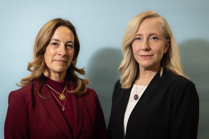 U.S. Reps. Mikie Sherrill, D-N.J., (left) and Abigail Spanberger, D-Va., pose for a portrait together at NPR headquarters in Washington, D.C, on Dec. 18, 2024.