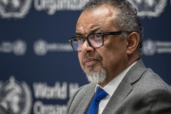 WHO Director-General Tedros Adhanom Ghebreyesus looks on during a press conference with the Association of Accredited Correspondents at the United Nations (ACANU) at the World Health Organization's headquarters in Geneva, on December 10, 2024.