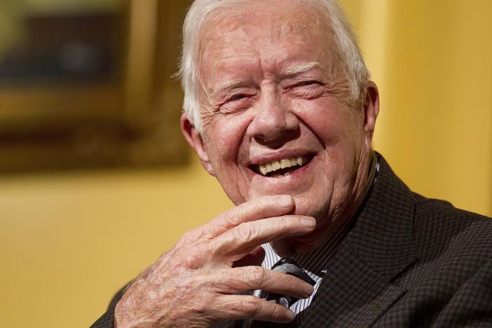 Former President Jimmy Carter speaks to a group of Duke University alumni at the Carter Center in Atlanta in 2012.