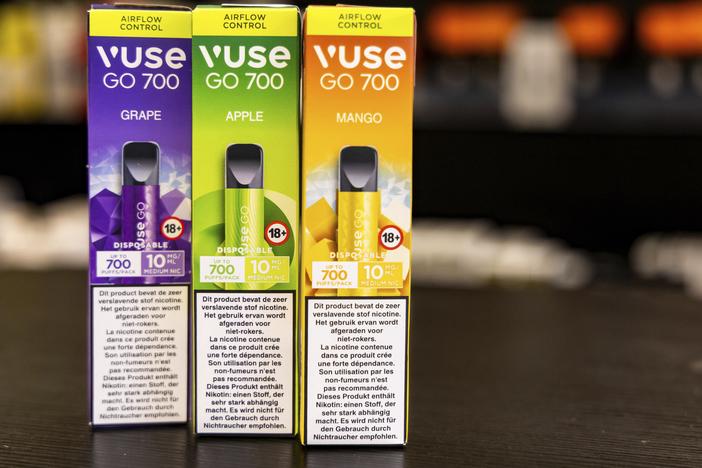 Flavored varieties of disposable electronic cigarette devices are on display in a shop in Brussels on Dec. 12, 2024, ahead of Belgium's ban on the sale of disposable vapes as of Jan. 1, 2025.