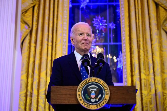 President Biden speaks during a Hanukkah holiday reception in the East Room of the White House on Dec. 16.