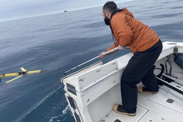 A Teledyne G3 Slocum Glider tries to detect whale sounds off the coast of Georgia. UGA Skidaway Institute doctoral student Frank McQuarrie is taking it out of the water.