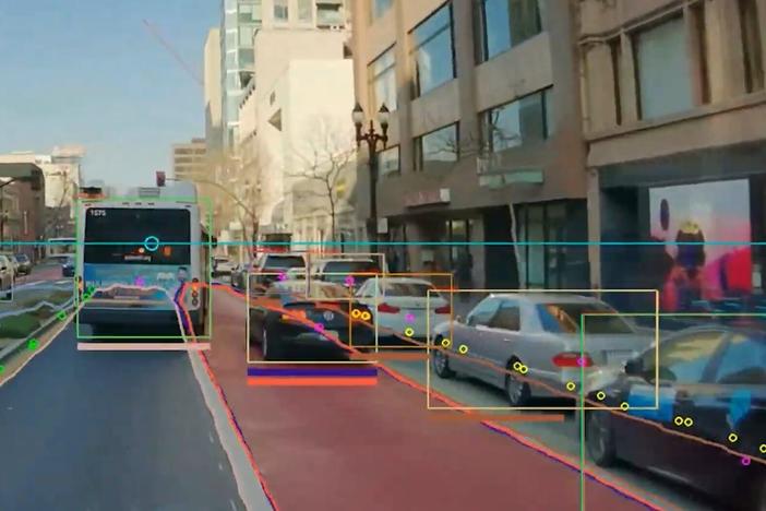 A street in Oakland, Calif., viewed through AI-enhanced cameras from the start-up Hayden AI. Transit agencies across the U.S. are deploying the company's systems to keep bus lanes clear of illegally parked cars.