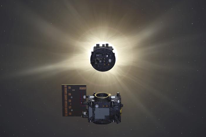 In this illustration, the two spacecraft of Proba-3 fly in precise formation about 150 meters apart to form an external coronagraph in space, one spacecraft eclipsing the sun to allow the second to study the invisible solar corona.