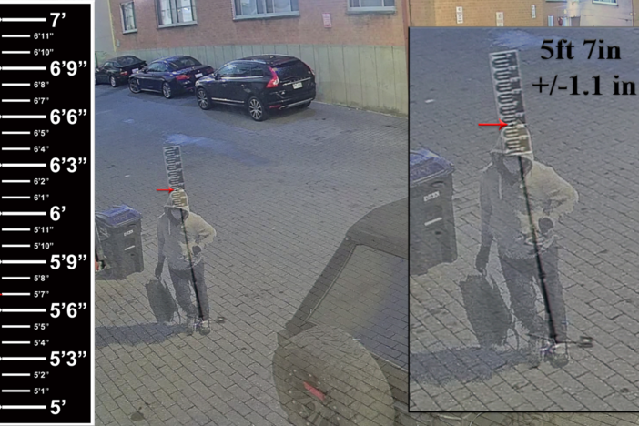 The FBI released this image with a size chart showing the height of the alleged pipe bomber — 5 foot 7 inches.
