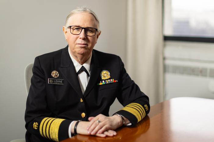 Admiral Rachel L. Levine, a pediatrician by training, has been leading the Public Health Service during the Biden administration. She's pictured in a conference room at HHS headquarters in Washington, D.C.